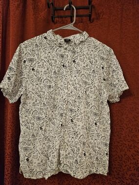 Androgynous Fox Stick n Poke Button Up Shirt XXL Short Sleeve Gender Neutral